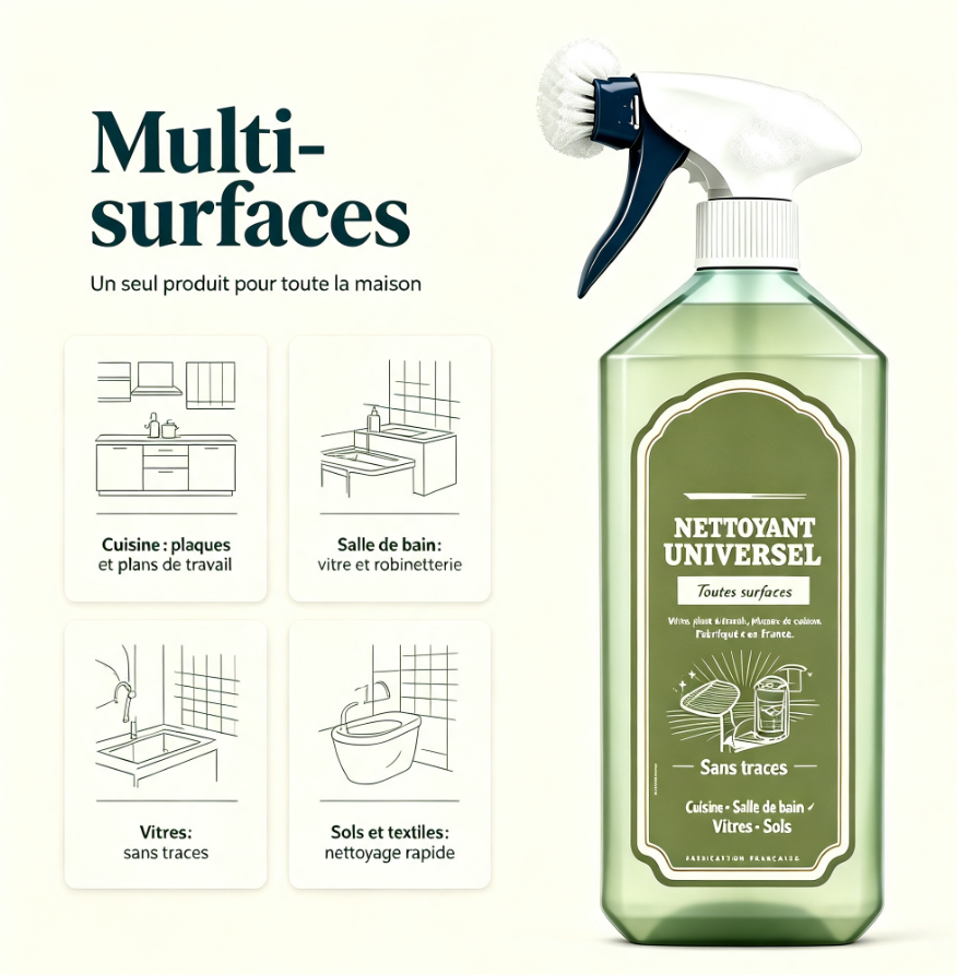 Nettoyant universel tout‑en‑un avec brosse amovible‑Nettoie, dégraisse sans laisser de traces 750ml