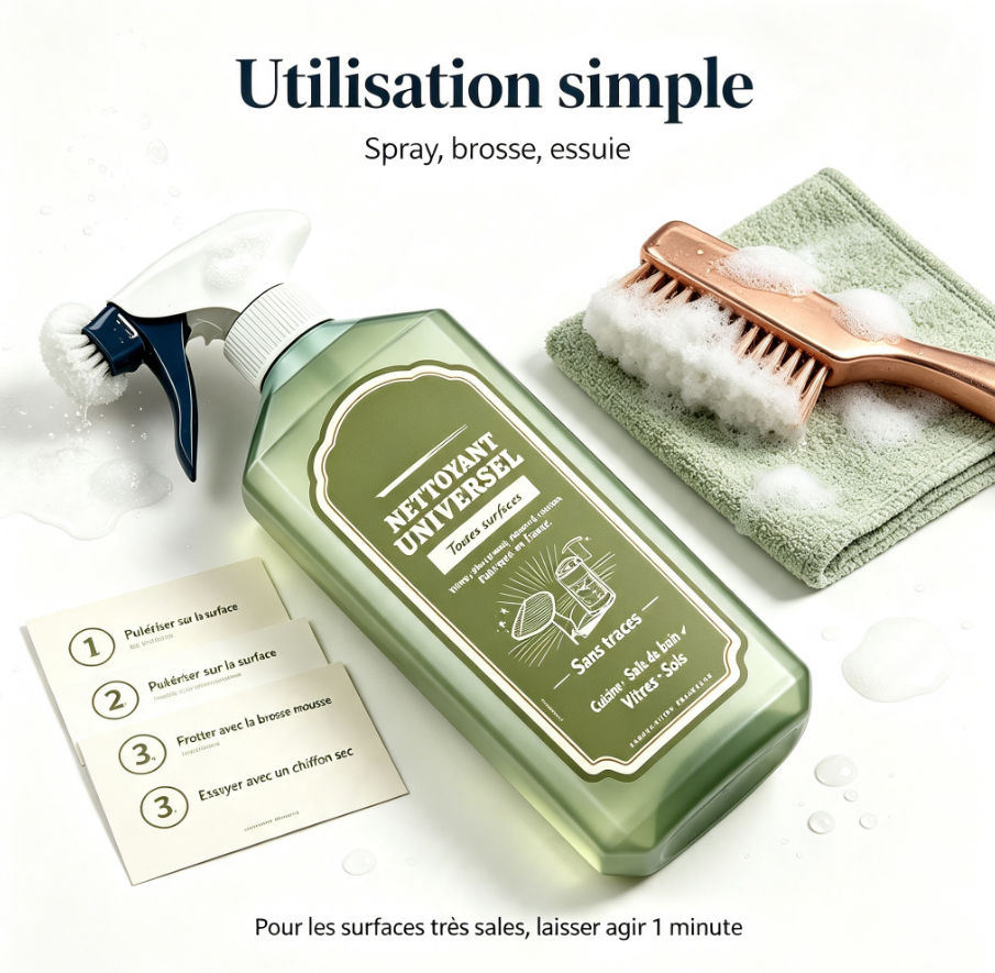 Nettoyant universel tout‑en‑un avec brosse amovible‑Nettoie, dégraisse sans laisser de traces 750ml