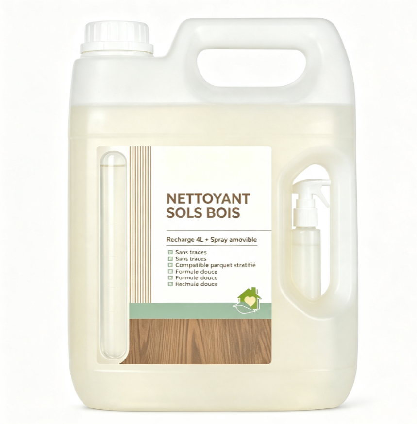 Nettoyant pour parquets et sols bois 4L Recharge | Sans traces, sûr pour parquet massif et stratifié, avec buse de pulvérisation amovible