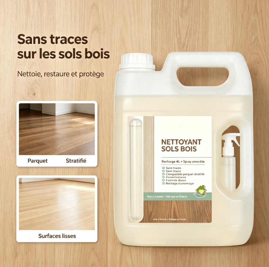 Nettoyant pour parquets et sols bois 4L Recharge | Sans traces, sûr pour parquet massif et stratifié, avec buse de pulvérisation amovible