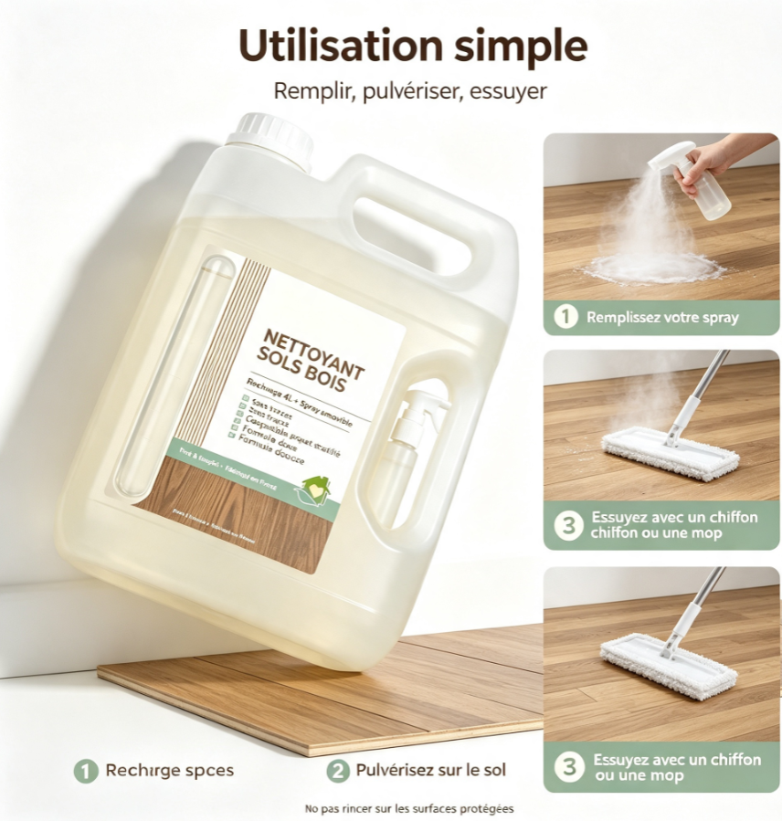 Nettoyant pour parquets et sols bois 4L Recharge | Sans traces, sûr pour parquet massif et stratifié, avec buse de pulvérisation amovible