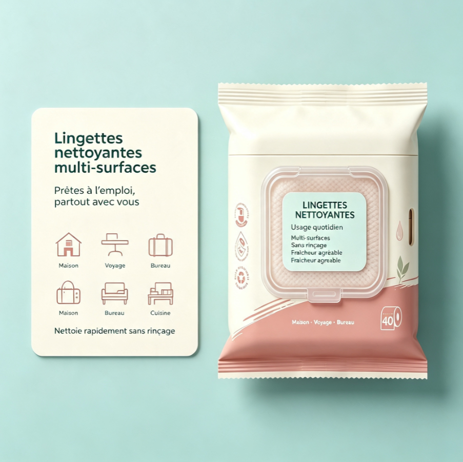 Lingettes nettoyantes universelles multi‑surfaces, sans rinçage, pratiques pour tous vos déplacements et la maison