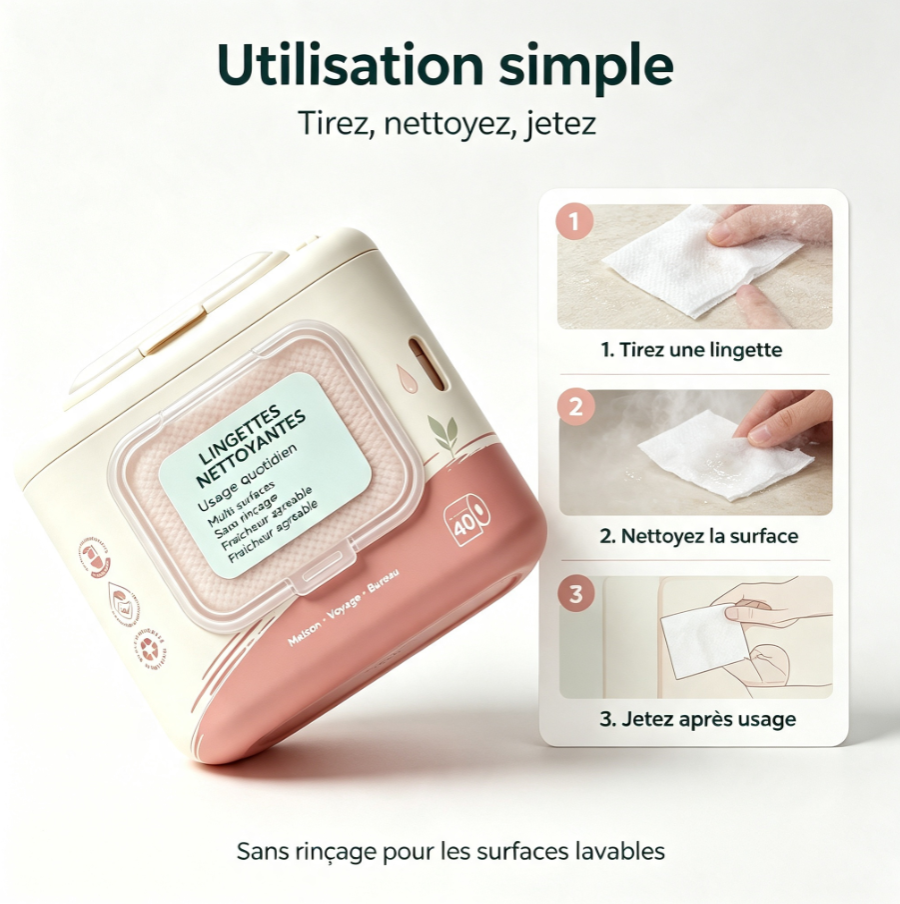 Lingettes nettoyantes universelles multi‑surfaces, sans rinçage, pratiques pour tous vos déplacements et la maison