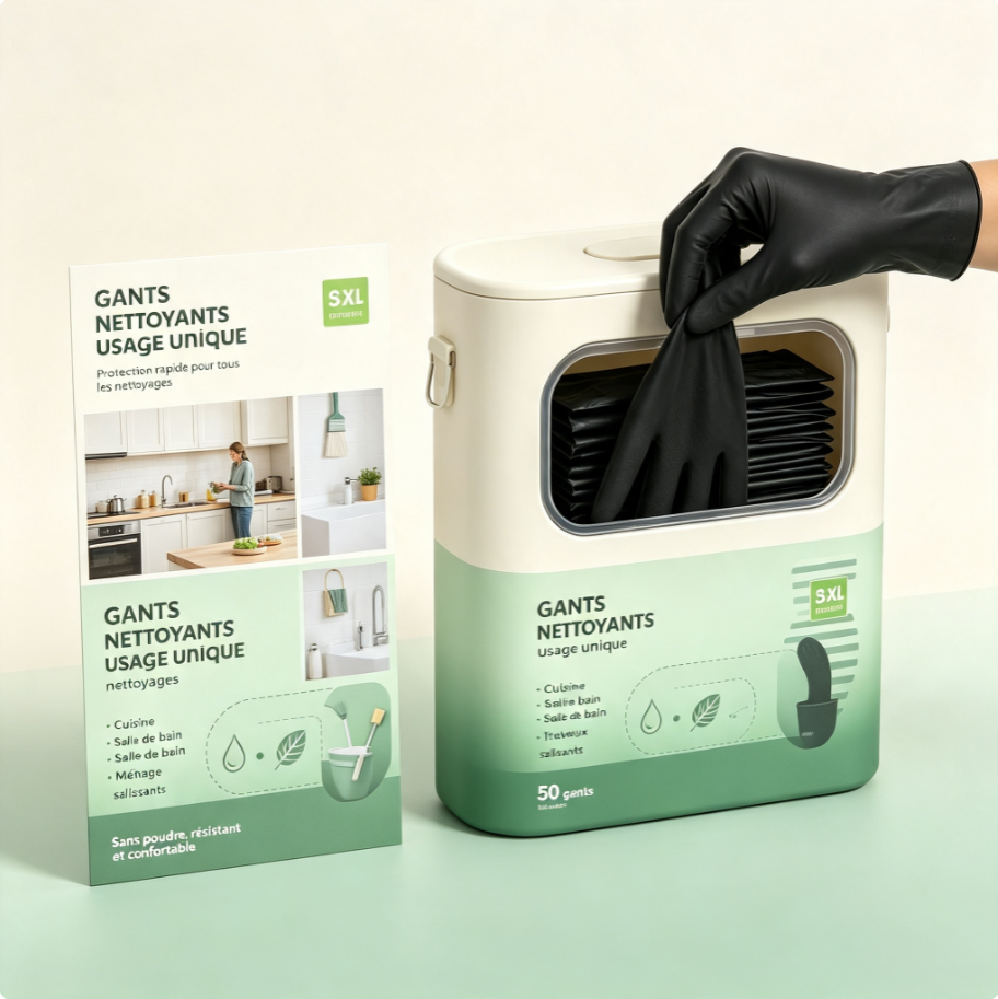 Gants de nettoyage jetables tout‑usage, distributeur pratique avec fenêtre de visualisation, pour maison et professionnel