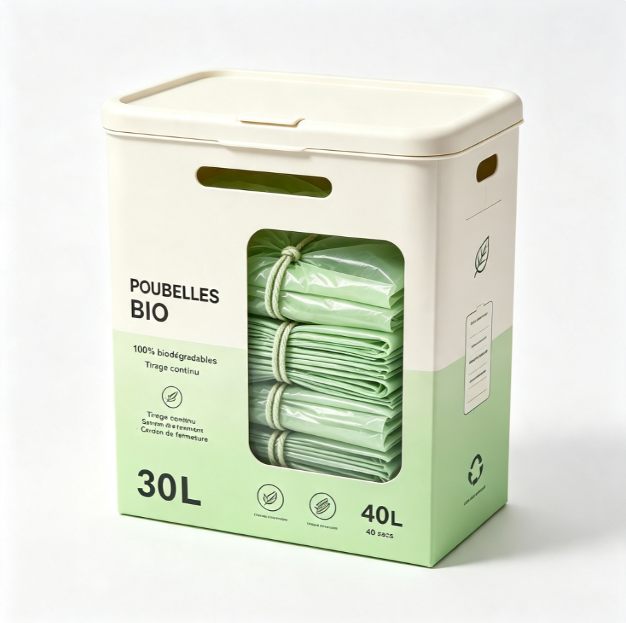 Sacs poubelle biodégradables 30L avec liens de serrage | Distributeur innovant à tirage continu, matière amidon de maïs, usage domestique
