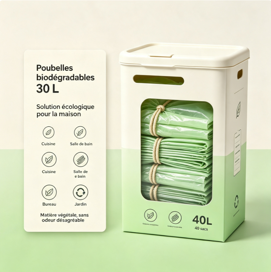 Sacs poubelle biodégradables 30L avec liens de serrage | Distributeur innovant à tirage continu, matière amidon de maïs, usage domestique