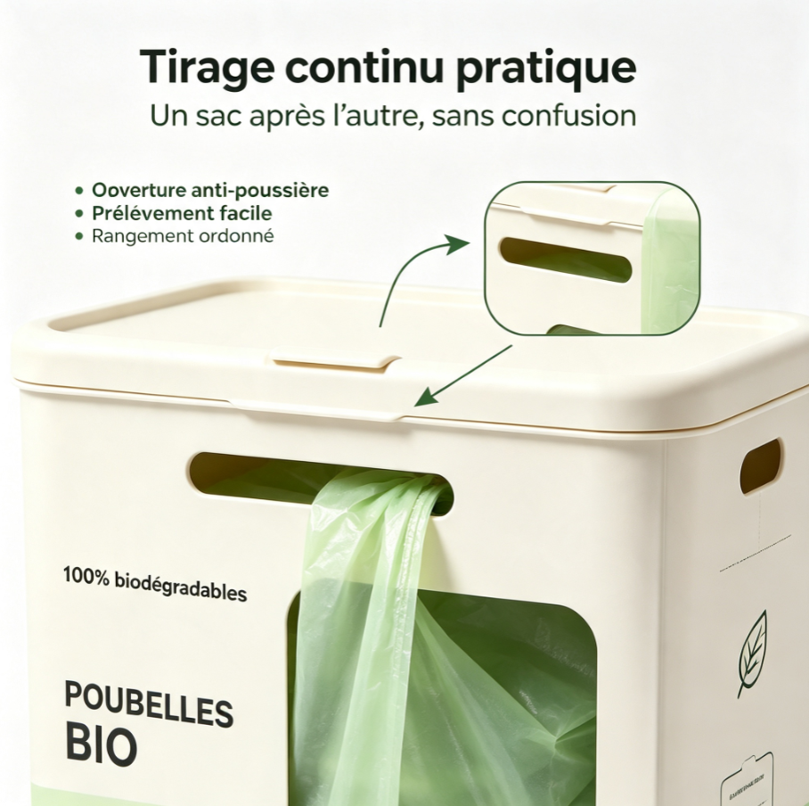 Sacs poubelle biodégradables 30L avec liens de serrage | Distributeur innovant à tirage continu, matière amidon de maïs, usage domestique