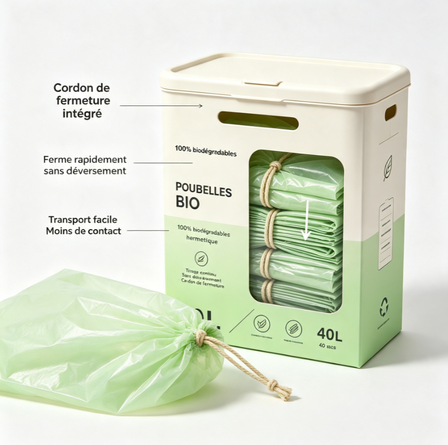 Sacs poubelle biodégradables 30L avec liens de serrage | Distributeur innovant à tirage continu, matière amidon de maïs, usage domestique