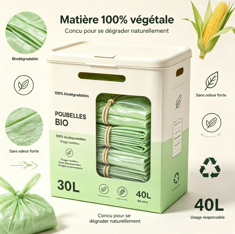 Sacs poubelle biodégradables 30L avec liens de serrage | Distributeur innovant à tirage continu, matière amidon de maïs, usage domestique