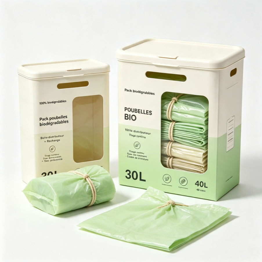 Sacs poubelle biodégradables 30L avec liens de serrage | Distributeur innovant à tirage continu, matière amidon de maïs, usage domestique