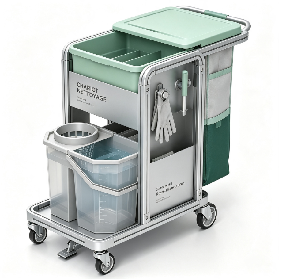 Chariot ménager innovant pliable, modules magnétiques sans outil, compartiment anti‑poussière, roues silencieuses à frein
