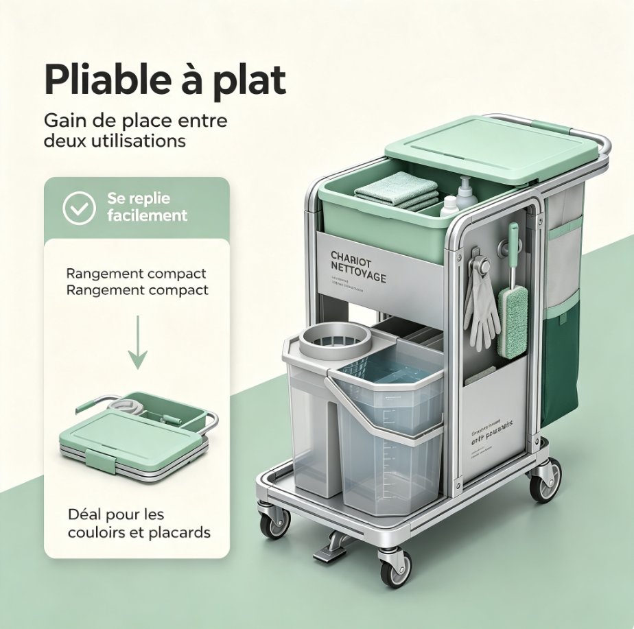 Chariot ménager innovant pliable, modules magnétiques sans outil, compartiment anti‑poussière, roues silencieuses à frein
