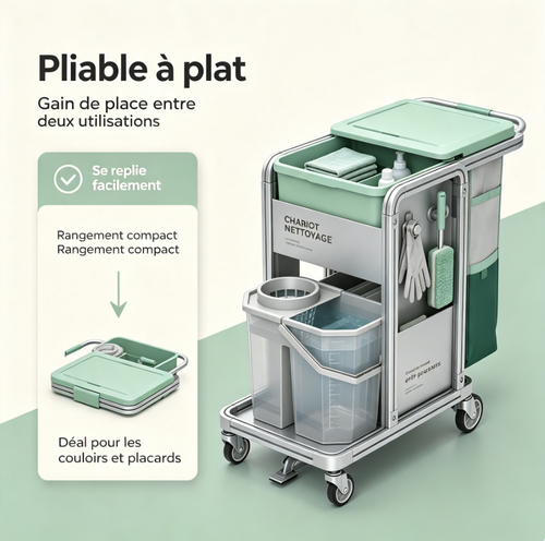 Chariot ménager innovant pliable, modules magnétiques sans outil, compartiment anti‑poussière, roues silencieuses à frein