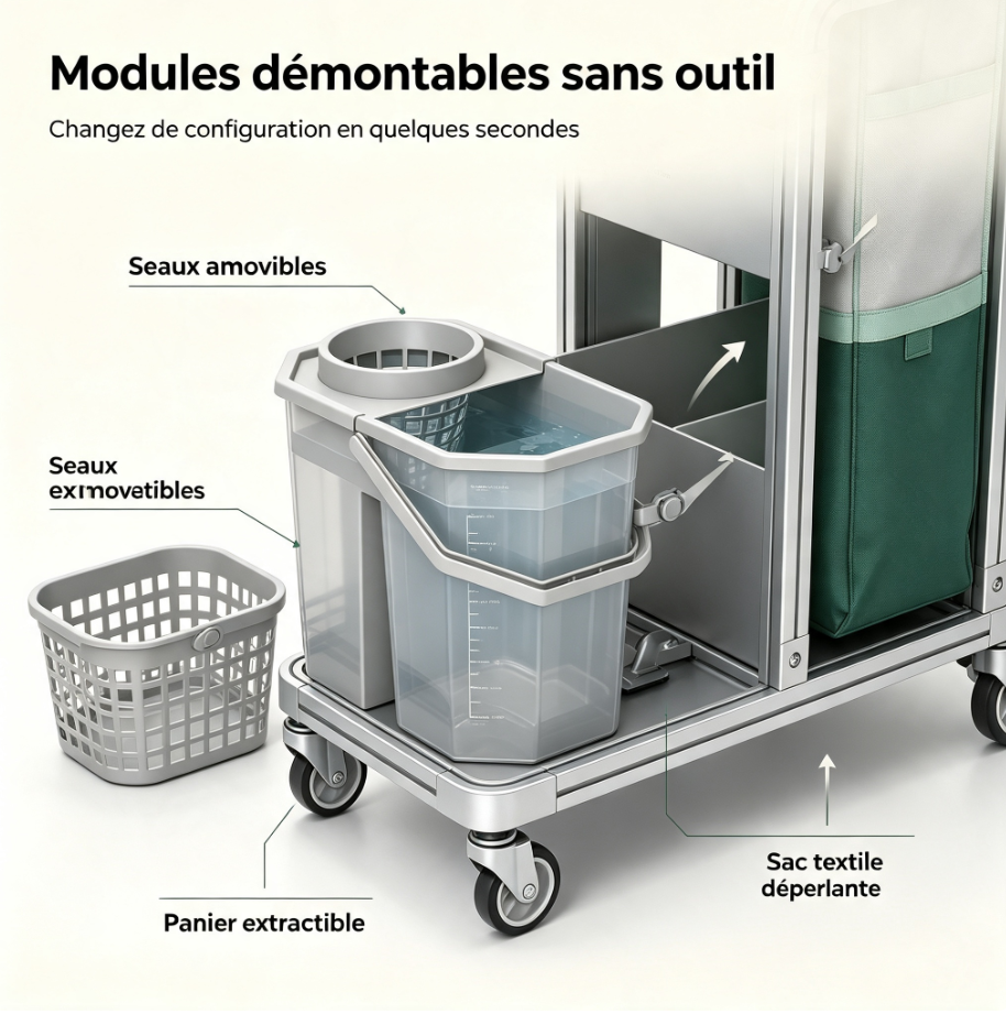 Chariot ménager innovant pliable, modules magnétiques sans outil, compartiment anti‑poussière, roues silencieuses à frein