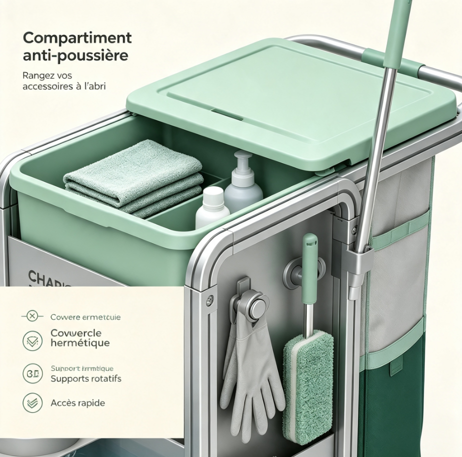 Chariot ménager innovant pliable, modules magnétiques sans outil, compartiment anti‑poussière, roues silencieuses à frein