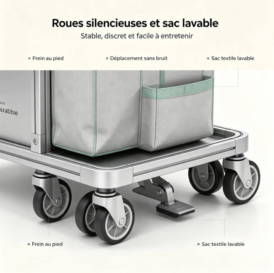 Chariot ménager innovant pliable, modules magnétiques sans outil, compartiment anti‑poussière, roues silencieuses à frein