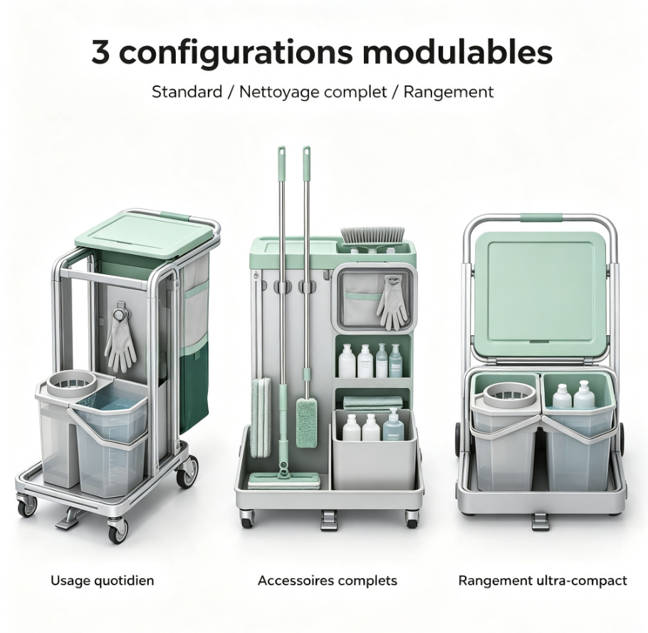 Chariot ménager innovant pliable, modules magnétiques sans outil, compartiment anti‑poussière, roues silencieuses à frein